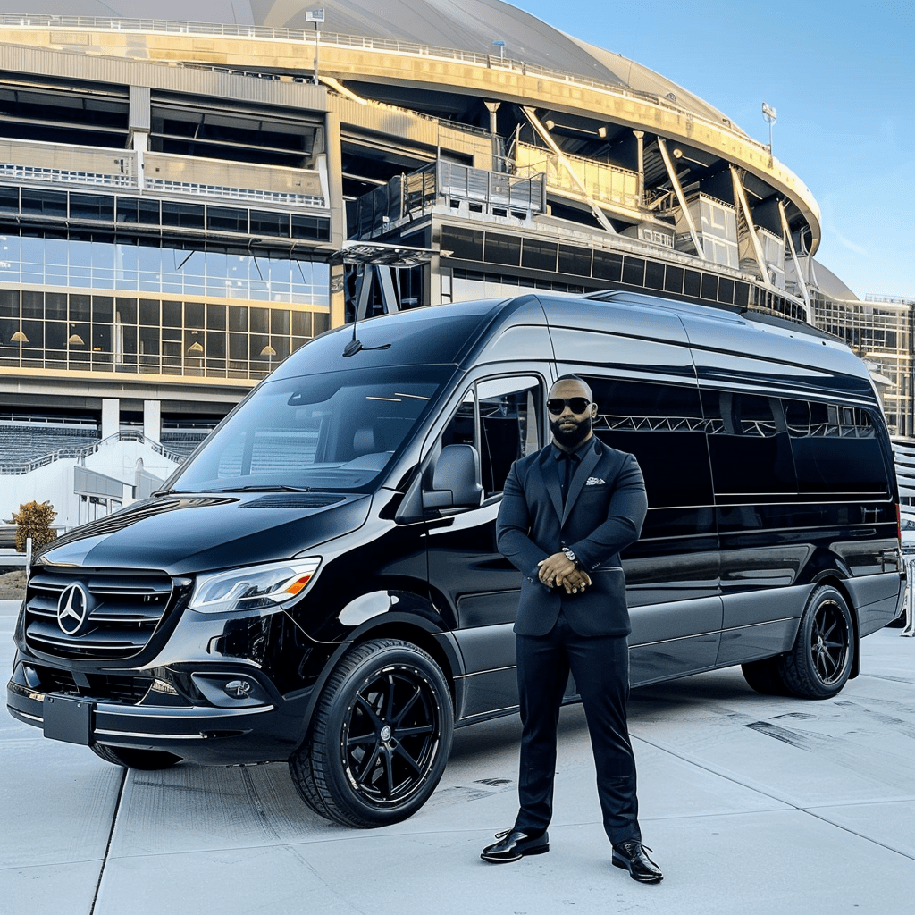 black_sprinter_van_in_front_of_a_stadium